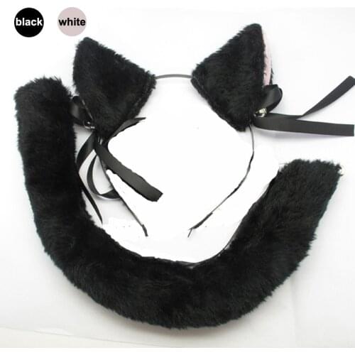 Cat Fox Ears and Tail Costume Black White Cat Ears Headband Head Band Hair Hoop Dress Cos Accessory Cosplay Plush Toy Party