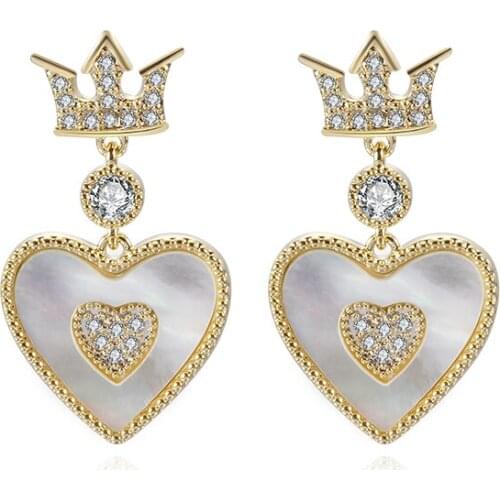 Fashion Ladies Gold-plate Earrings Crown Heart-shaped Earrings Popular Jewelry Female CZ Zircon Temperament Party Queen Earrings