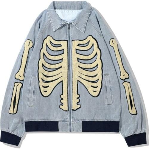 2021 Skeleton Embroidery Punk Retro Men Zipper Denim Jacket Hip Hop Coat Light Blue Wash Zip Up Jeans Outerwear Vintage Clothes