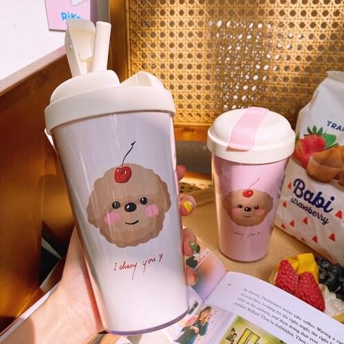 New Creative Plastic Water Bottle cartoon cherry puppy printed bottle plastic silicone straw portable cup for gifts Drinkware