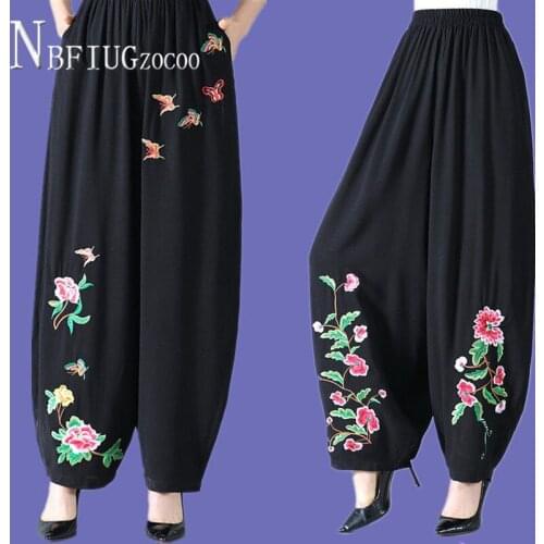 New Middle-aged Ethnic High Waist Women Pants Cotton Linen Casual Embroidery Flower Wide Leg Female Trousers