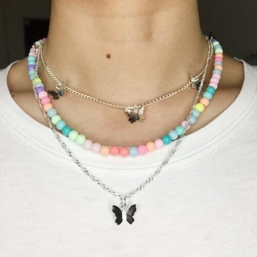 Fashion Women Necklace 2021 Cute Gold Silver Color Butterfly Choker Pendant Necklace For Women Gilrs Colorful Beads Neck Jewelry