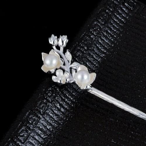 Pearl Flower 925 Sterling Silver Hair Stick Hanfu Accessories For Women Fine Jewelry