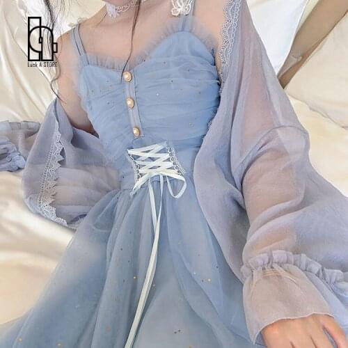 Summer New Palace Retro Princess Dress Sweet Girl Blue Mesh Camisole Dress Super Fairy Embroidery Lace Up Dress
