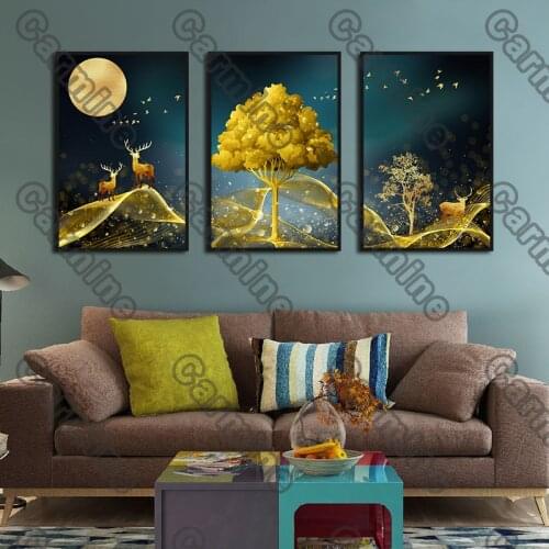 Poster Yellow Tree Deer Birds Landscape Canvas Painting and Prints Wall Art Pictures Decoration for Living Room 3Pcs Frameless