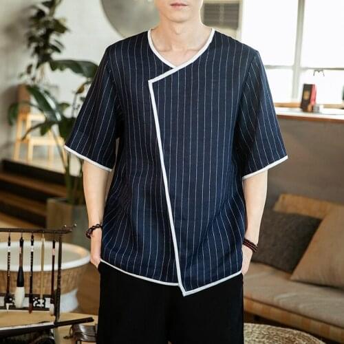 Summer Men Linen Shirt Chinese Style Retro Casual Striped Tops Plus Size Traditional Asian Clothes Tang Suit Tops For Man 10980
