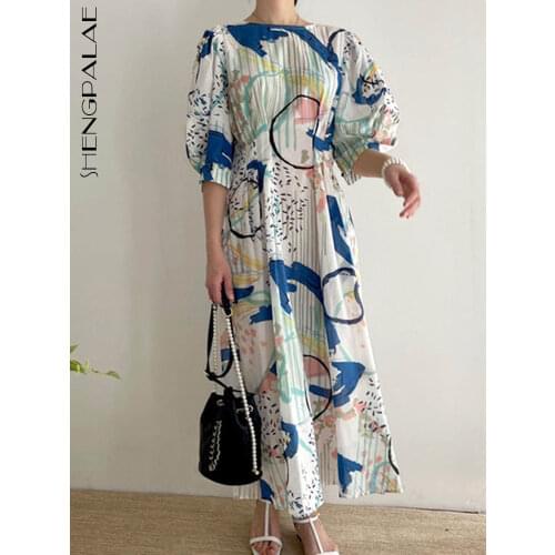 SHENGPALAE Fashion Chic Graffiti Printed Dress Womens Autumn 2021 New Round Neck Waist Puff Half Sleeve Dresses Female 5E2515