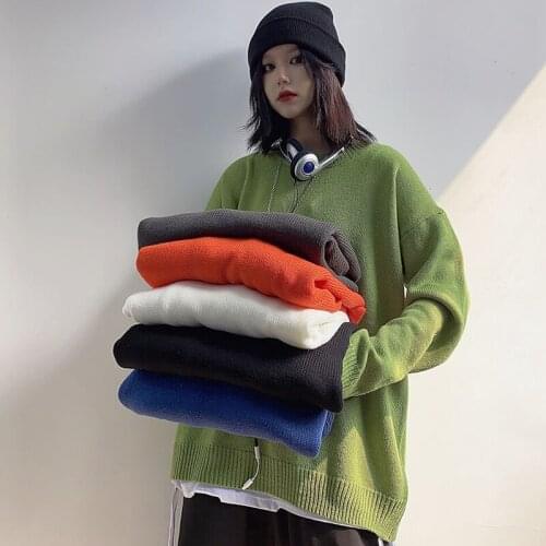 Korean ins Harajuku hip-hop womens sweater autumn new style Oversize loose top vintage solid color knitted sweater streetwear