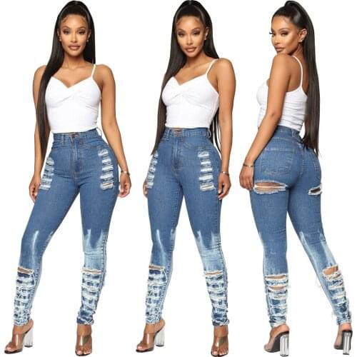 In Stock HSF2059 2019 Blue Zipper Fly Hole Spring Autumn Long Pants Women Denim Jeans Mid Waist Trouser