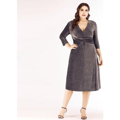 Evening Dress Silver Deep V-Neck Simple Elegant Bling Three Quarter Sleeves Mermaid Tea-Length Plus Size Women Formal Gowns D922