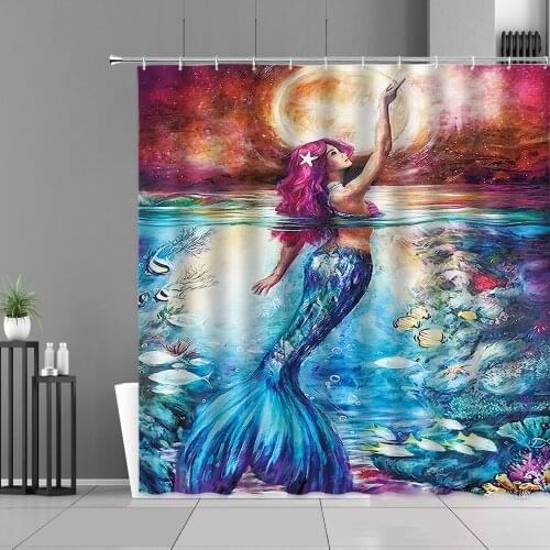 The Sea Cartoon Mermaid Oil Painting Bathroom Shower Curtain Polyester Waterproof Bath Screen Childrens Room Background Curtain