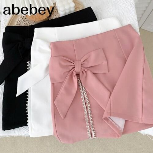 2021 New Summer Women Sweet All-match bow Skirt with diamond high waist slim split Skirt A-line Skirt