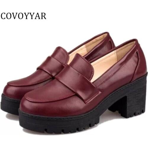 COVOYYAR 2019 British Style Women Pumps Brogue Shoes Chunky Heel Lady High Heels Cosplay Uniform Shoes Women Slip On WHH631