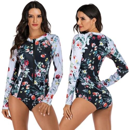 ZY Women Swimsuit Print Floral One Piece Swimwear Long Sleeve Printed Female Bathing Suit Surfing Bodysuit Swim Wear Beach Suit
