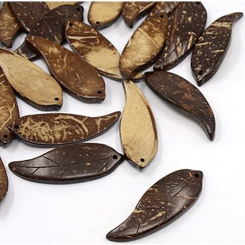 20pcs Coffee Tone Coconut Leaf Pendants, 50x17x4.5mm, Hole: 1.5mm