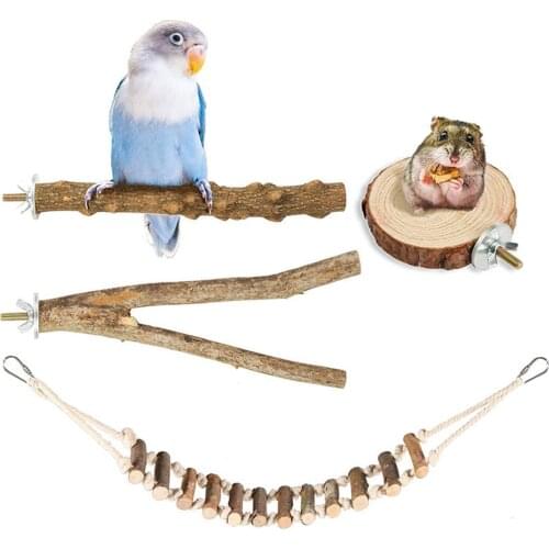 4pcs Bird Natural Wooden Perches Bite Resistant Parrot Stand Rope Ladder Set Bird Wooden Toys For Bird Cage Accessories