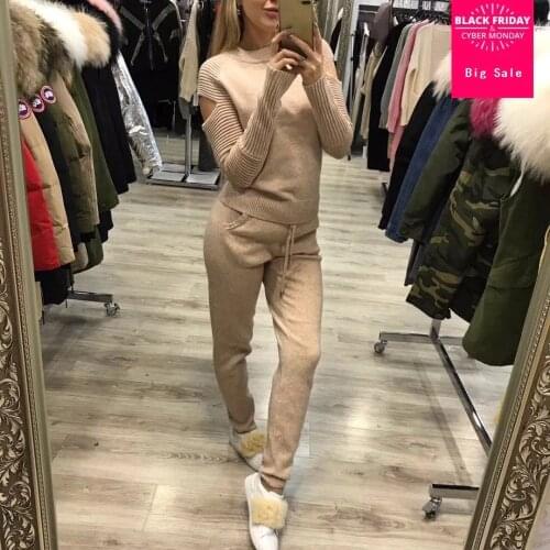 45% cashmere + 30% wool Knitted warm Suit hollow out Knit Sweater + cartton cashmere Trousers Leisure Two-piece suits wj1760