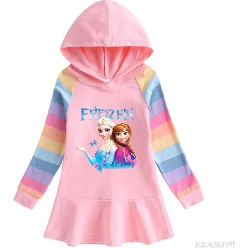 Disney Cartoon New Hoodie Dress Autumn Frozen Elsa Girls Kids Cartoon Rainbow Long Sleeve Children Kids Cotton Sweater Clothes
