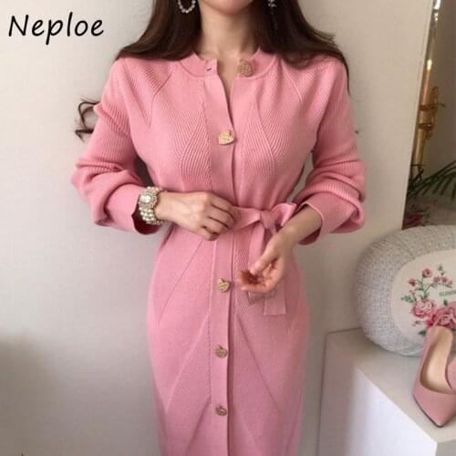 Neploe French Elegant Long Sleeve Robe Round Neck Chic Heart Button Vestidos Korean Chic Lace Bow Knot Waist Knitted Dress Women