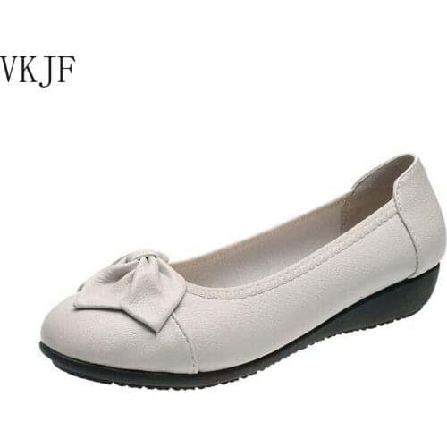 Elegant Ladies Wedges Heel Ballet Flats Shoes Women PU Leather Bow-Knot Mid Heel Flat Shoes Woman