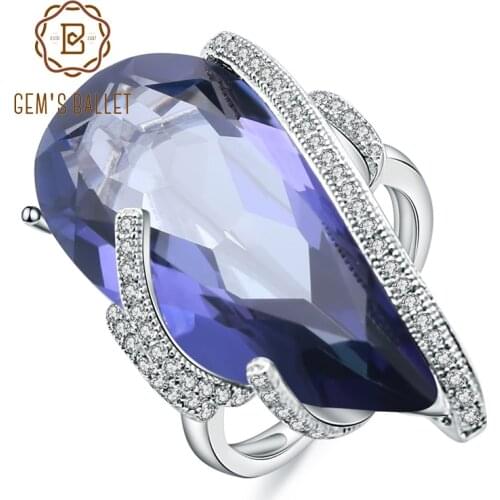 GEMS BALLET 17.8Ct Natural Iolite Blue Mystic Quartz Gemstone Rings 925 Sterling Silver Cocktail Ring for Women Fine Jewelry