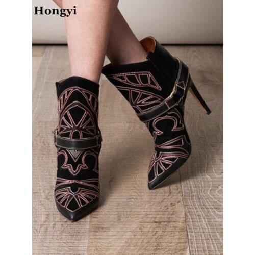 Hongyi 10cm high heels sexy pointed toe straps short boots women suede leather buckle ankle boots big size