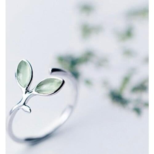Literary Fresh Leaf Korea Cute Sweet 925 Sterling Silver Temperament Personality Fashion Female Resizable Opening Rings SRI051