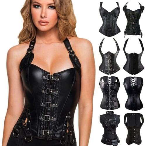 Women Steampunk Gothic Waist Trainer Underbust Corset Top Leather Sexy Lingerie Waist Cinchers Steel Boned Corsets and Bustiers
