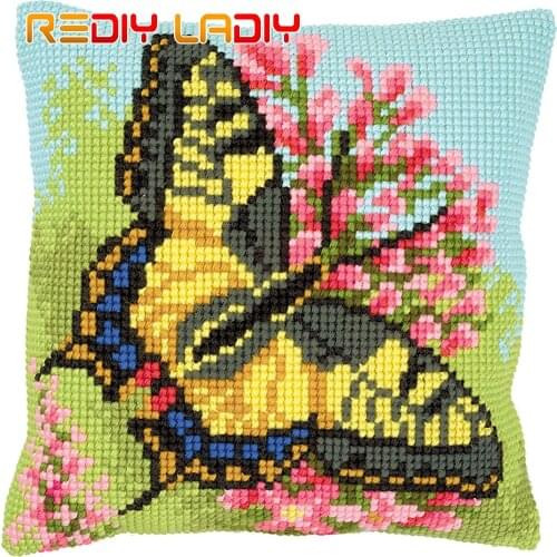 Cross Stitch Cushion Cover Butterfly Flowers Pillow Case Pre-Printed Canvas Acrylic Thick Yarn Arts Cross-stitch Needlepoint Kit