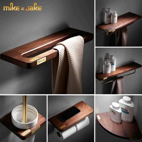 Brass bathroom shelf wall wood with brass toilet towel bar Nordic triangle basket toilet brush hardware set
