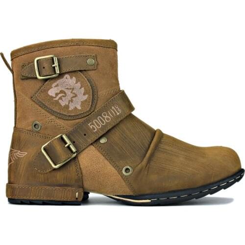 Genuine Leather Men Ankle Boots Retro Style Cowboy Chukka Boots Zipper-up Motorcycle Boot Men Fashion Western Boots Color Yellow