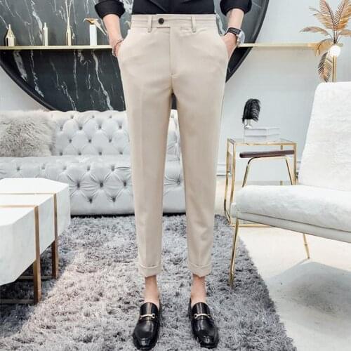 Mens Flat-Front Ankle-Length Dress Pants Slim Fit Cropped Trousers Fashion 3 Solid Color For Prom Wedding Groomsmen Dinner Party