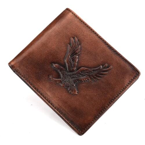 High Quality Natural Skin Bifold Purse Men Eagle Pattern Cash Clips Coin Pocket Card Holder Retro Genuine Leather Short Wallet