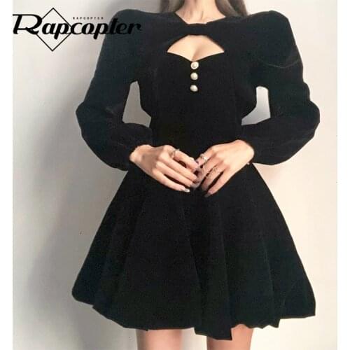 Rapcopter Pearl Buttons Patchwork Dresses Hollow Out Velvet Two Pieces Dresses Women Y2K Puff Sleeve Party Dresses Vintage Dress