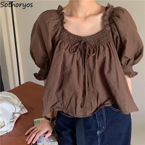 Puff Sleeve Blouses Women Loose Folds Square Collar Leisure Teenagers Daily Korean Style Female Shirts Hipster Designer 2021 New