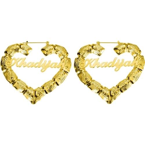 Heart Shape Custom Name Earrings For Women Bamboo Hoop Earring Statement Words Numbers Gold Color Girls Weddings Party Jewelry
