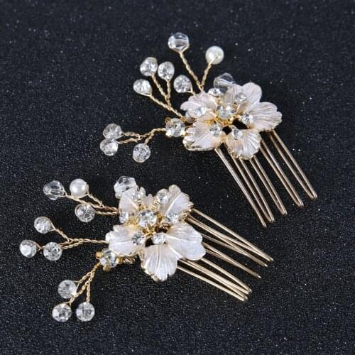 SLBRIDAL Handmade Small Alloy Crystal Pearl Flower Wedding Hair Comb Bridal Hair Accessories Headpieces Bridemaids Jewelry Women
