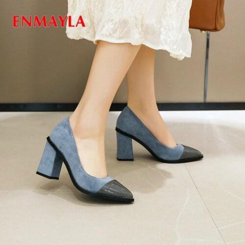 ENMAYLA 2020 Flock Party Pointed Toe Square Heel Wedding Shoes Slip-On Luxury Shoes Women Designers High Heels Shoes Size 34-43