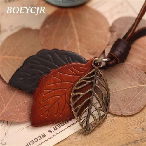BOEYCJR Vintage Leather Alloy Leaf Pendant Necklace Rope Chain Ethnic Jewelry Pendant Necklace for Women Gift