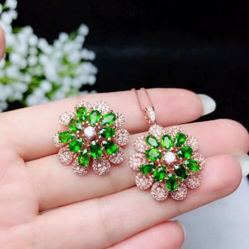 KJJEAXCMY boutique jewelry 925 sterling silver inlaid natural diopside gemstone female ring necklace pendant support detection