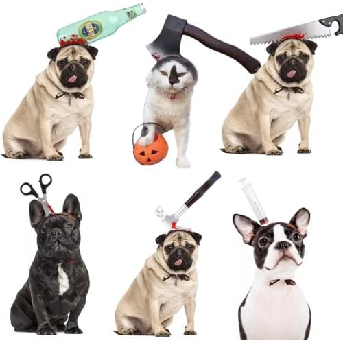 Trick Funny Hammer Ax Scissors Lifelike Halloween Dog Costume Party Hat For Dogs Play Victim Against Violence Cosplay Clothes
