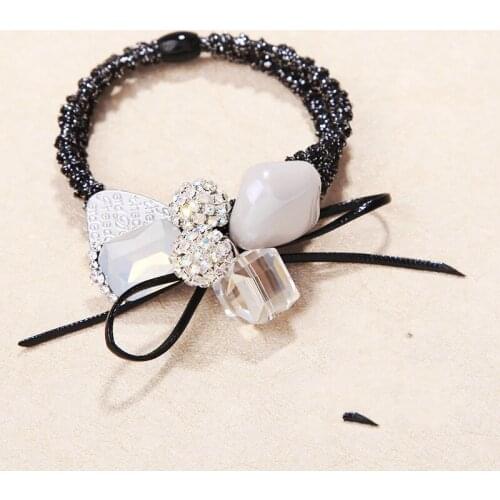 Women Lady Satin Ribbon Big Stone Flower Crystal Pearls Hairband Decor Elastic Ponytail Holder Hair Band Accessories