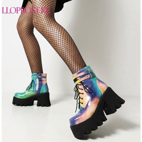Lloprost ke Autumn Winter Motorcycle Boots Women Fashion Mixed Colors Platform Shoes Ladies Zipper Thick High Heel Ankle Boots