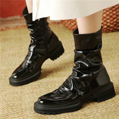 Punk Goth Women Pleated Cow Leather Ankle Boots Flats Platform Oxfords Round Toe Military Party Pumps Shoes 34 35 36 37 38 39 40