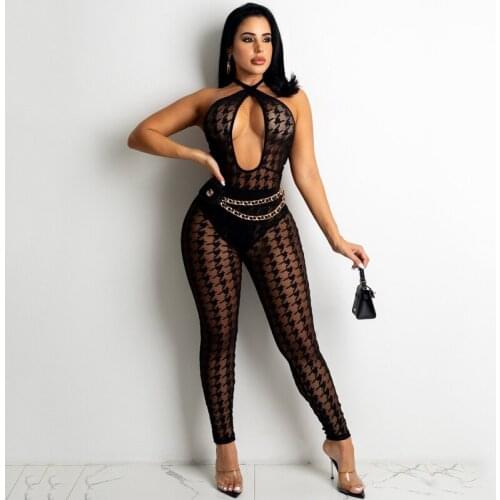 Women Sexy Halter Deep V Bodysuits +High Waist Pencil Legging Pants Mesh See Through Two Piece Set 2021 Autumn Tracksuit Outfits
