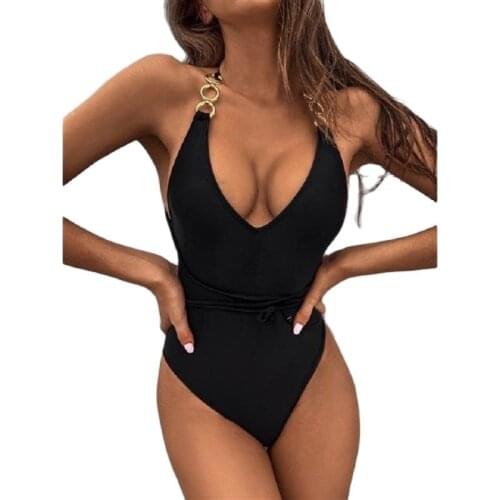 WomenS Fashion Swimsuit Beach Triangle Solid Color Cover Belly Look Thin Sexy Chain Halter Bikini 2021 Woman Free Shipping