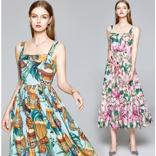 3 Colors Summer Tender Slim Yellow Flower Printted Big Swing Elegant Party Beach Bohemia Sling Women Cocktail Dress