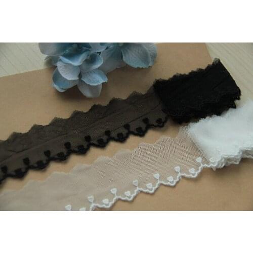 10 yards 4cm 1.57" wide ivory/black cotton tulle gauze mesh embroidered tapes lace trim ribbon clothes dress doll fabric M25F178