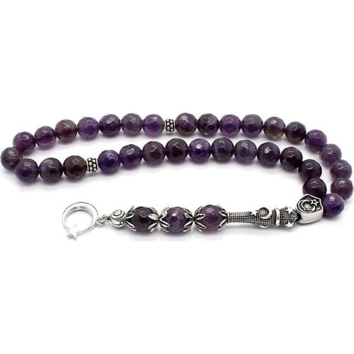 925 Sterling Silver Handmade Rosary with Amethyst Stone and Moon Star Symbols