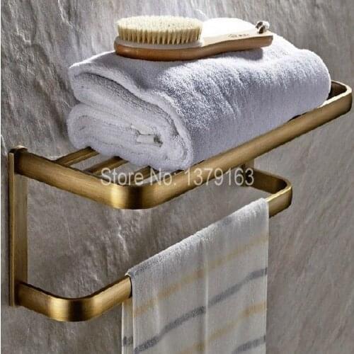 Bathroom Accessory Vintage Retro Antique Brass Wall Mounted Bathroom Towel Rail Holder Storage Rack Shelf Bar aba172